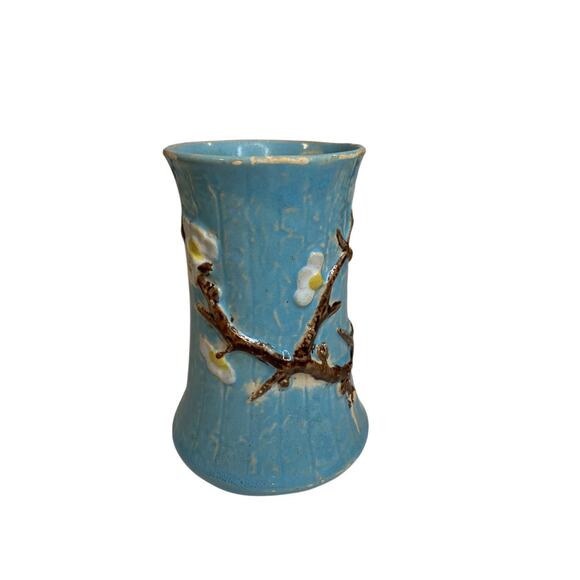 Antique English Majolica Vase Pottery Blue Dogwood 4.75 Inch - Picture 2 of 8